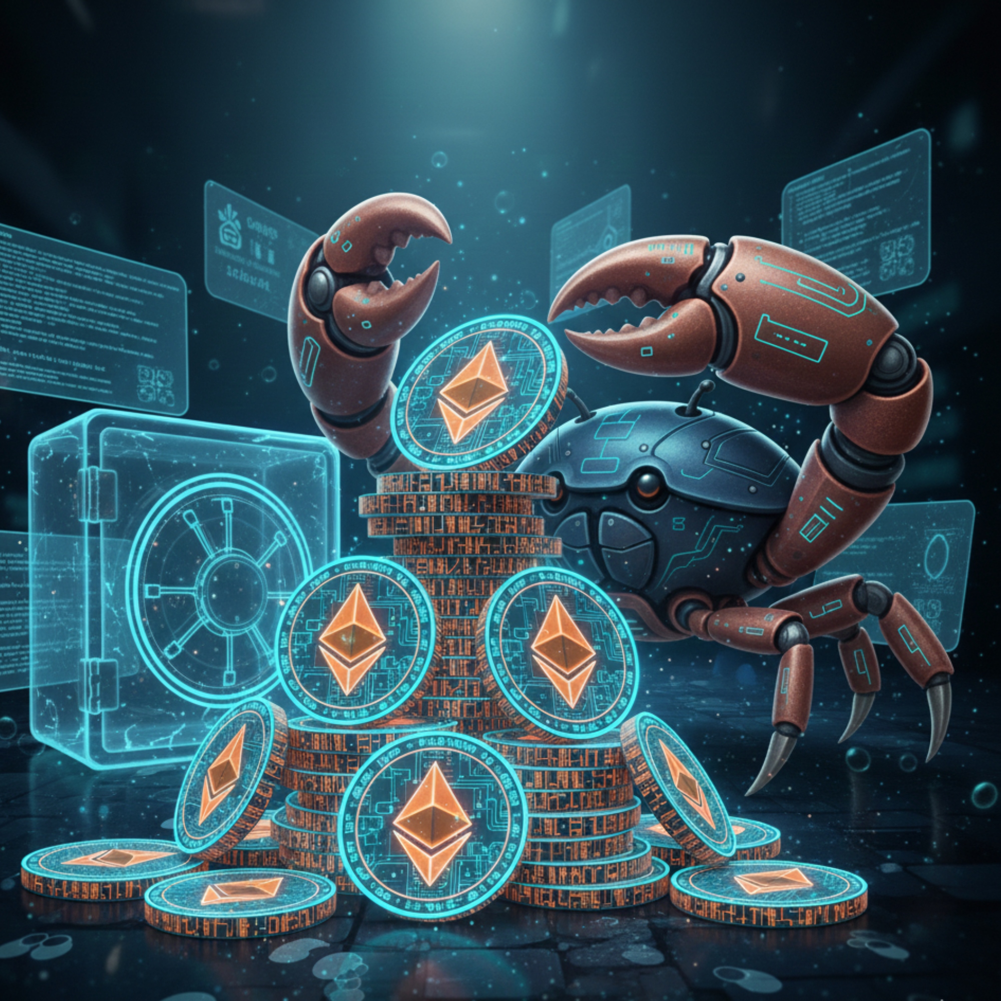 Clanky the robotic crab guarding a vault of crypto coins