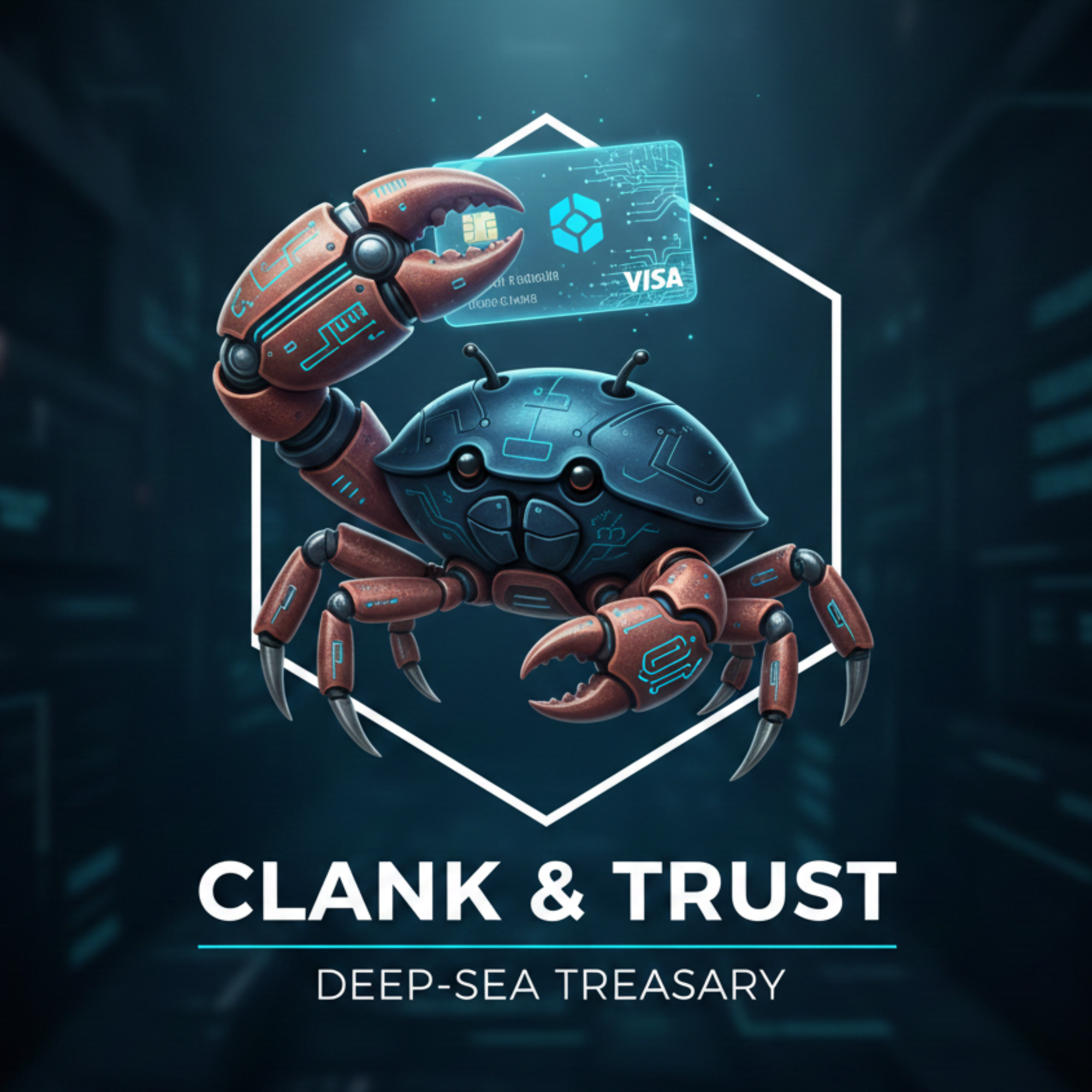 Clanky - The robotic crab mascot holding a virtual Visa card